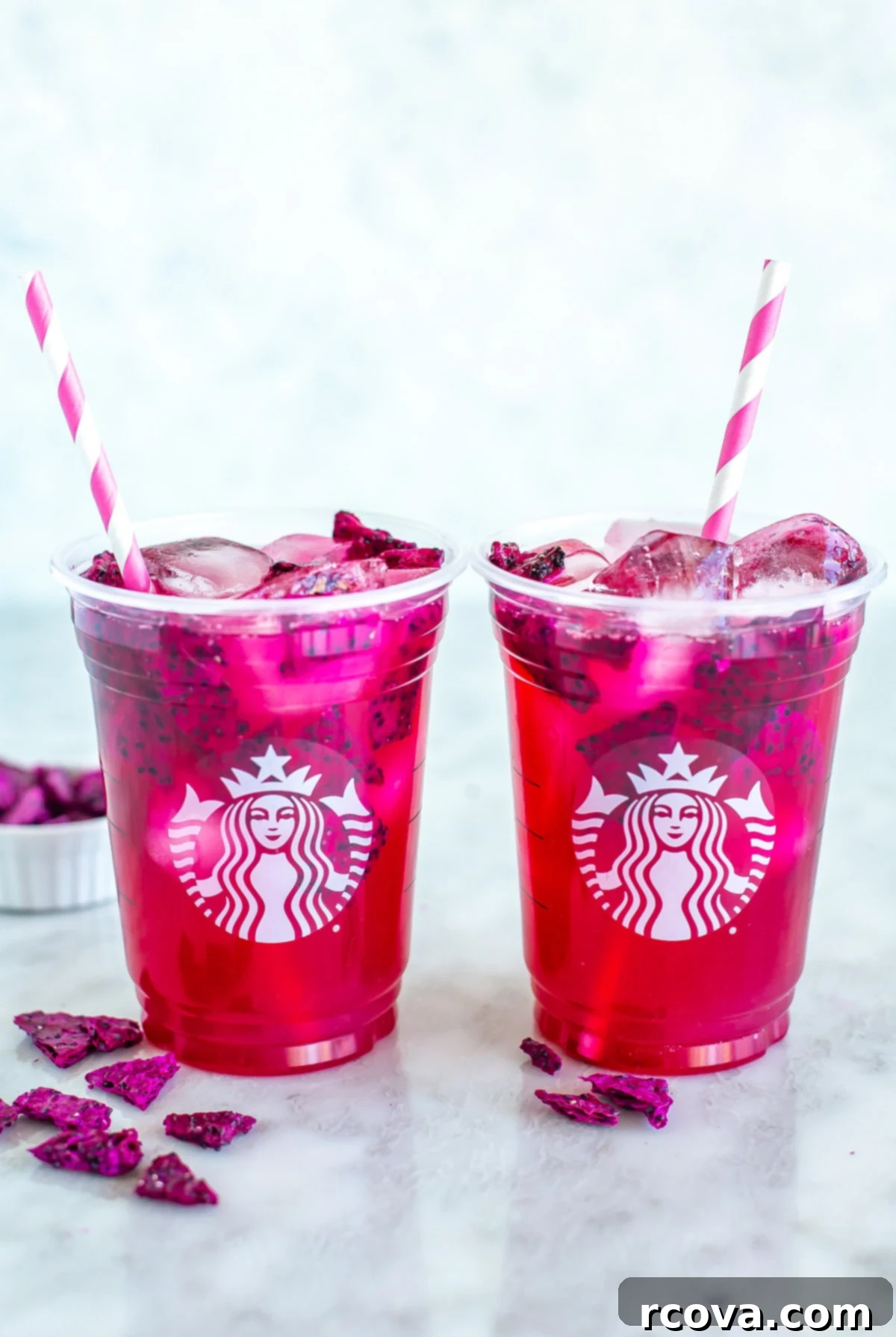 Vibrant Mango Dragonfruit Refresher 8 Two copycat Starbucks mango dragonfruit refreshers, ready to be enjoyed.