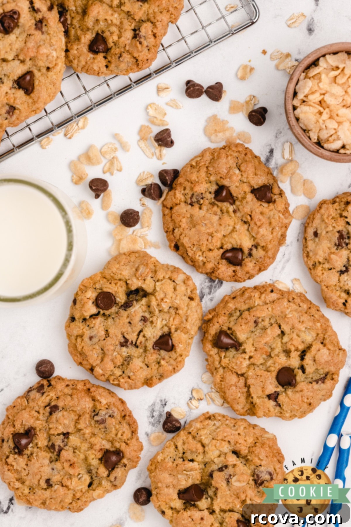Ultimate Rice Krispie Chocolate Chip Cookies 12 Pile of freshly baked cookies with oats, crispy rice cereal and chocolate chips, ready to be enjoyed