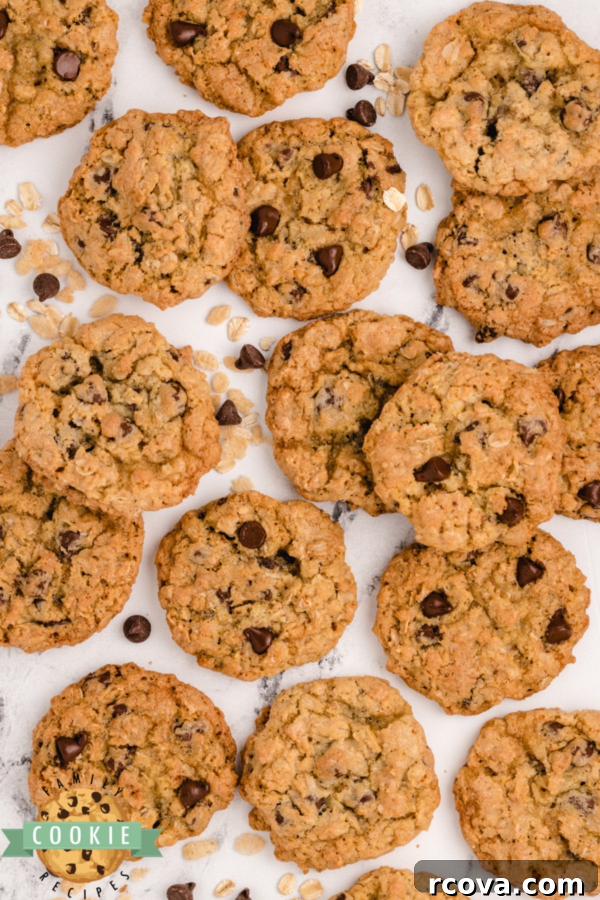 Ultimate Rice Krispie Chocolate Chip Cookies 3 Delicious chocolate chip cookies made with crispy rice cereal and oats, stacked on a plate