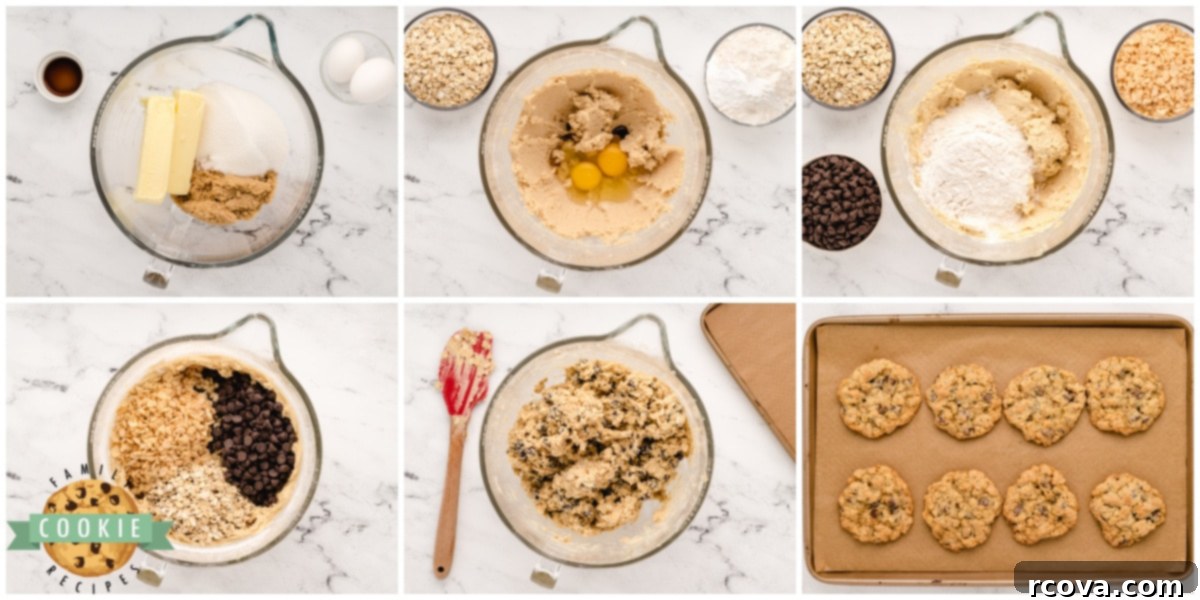 Ultimate Rice Krispie Chocolate Chip Cookies 8 Step by step instructions on how to make chocolate chip cookies with oats and crispy rice cereal, showing mixing of ingredients