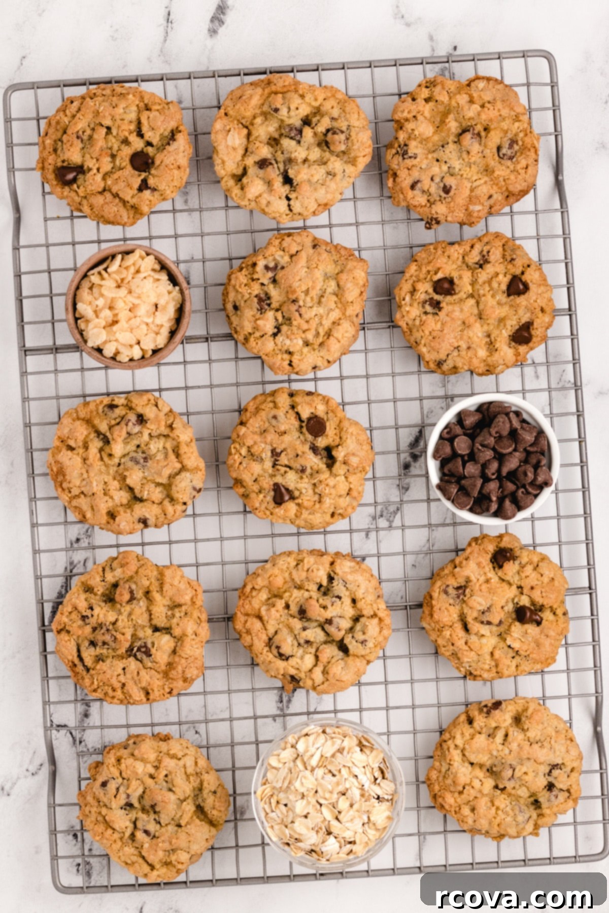 Ultimate Rice Krispie Chocolate Chip Cookies 9 Close-up of oatmeal chocolate chip cookies with Rice Krispies, showing the crispy texture and melty chocolate
