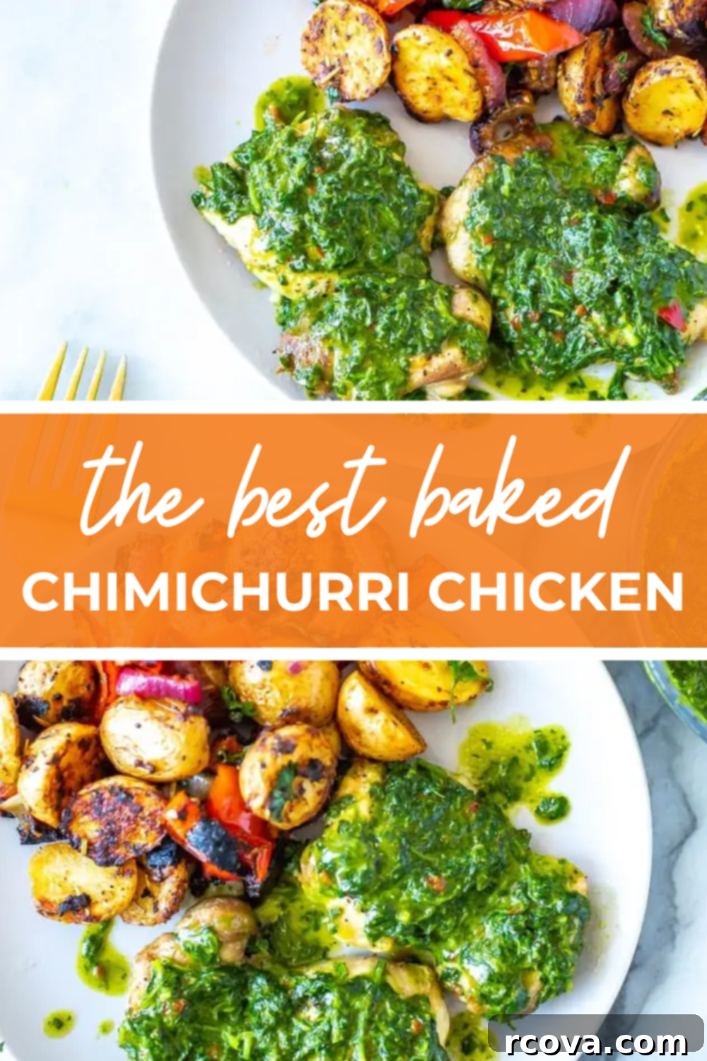 Zesty Baked Chimichurri Chicken 11 overhead shot of plated dish with orange banner in the middle reading "the best baked chimichurri chicken"