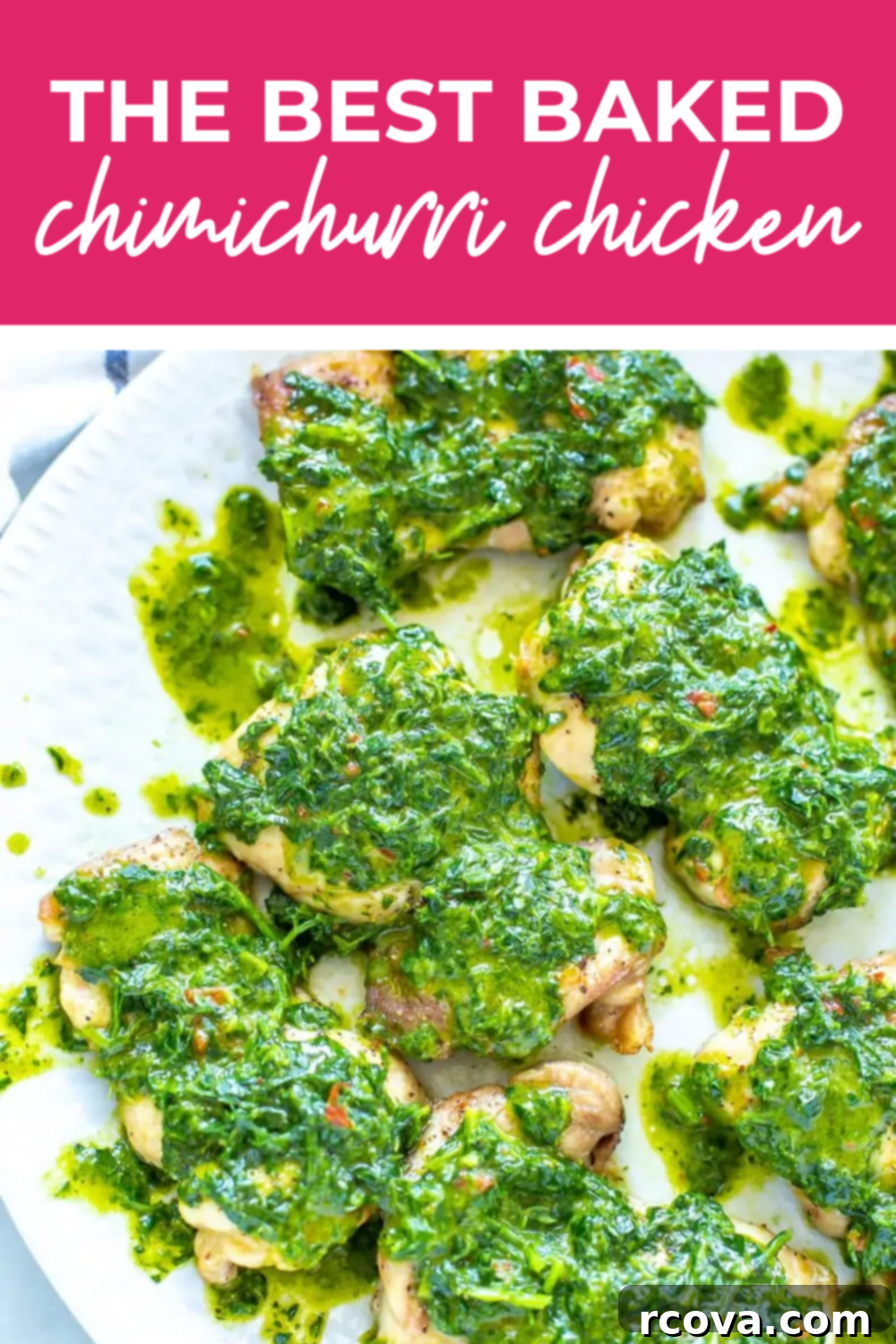 Zesty Baked Chimichurri Chicken 12 overhead shot of plated dish with pink banner on the top - reading "the best baked chimichurri chicken"