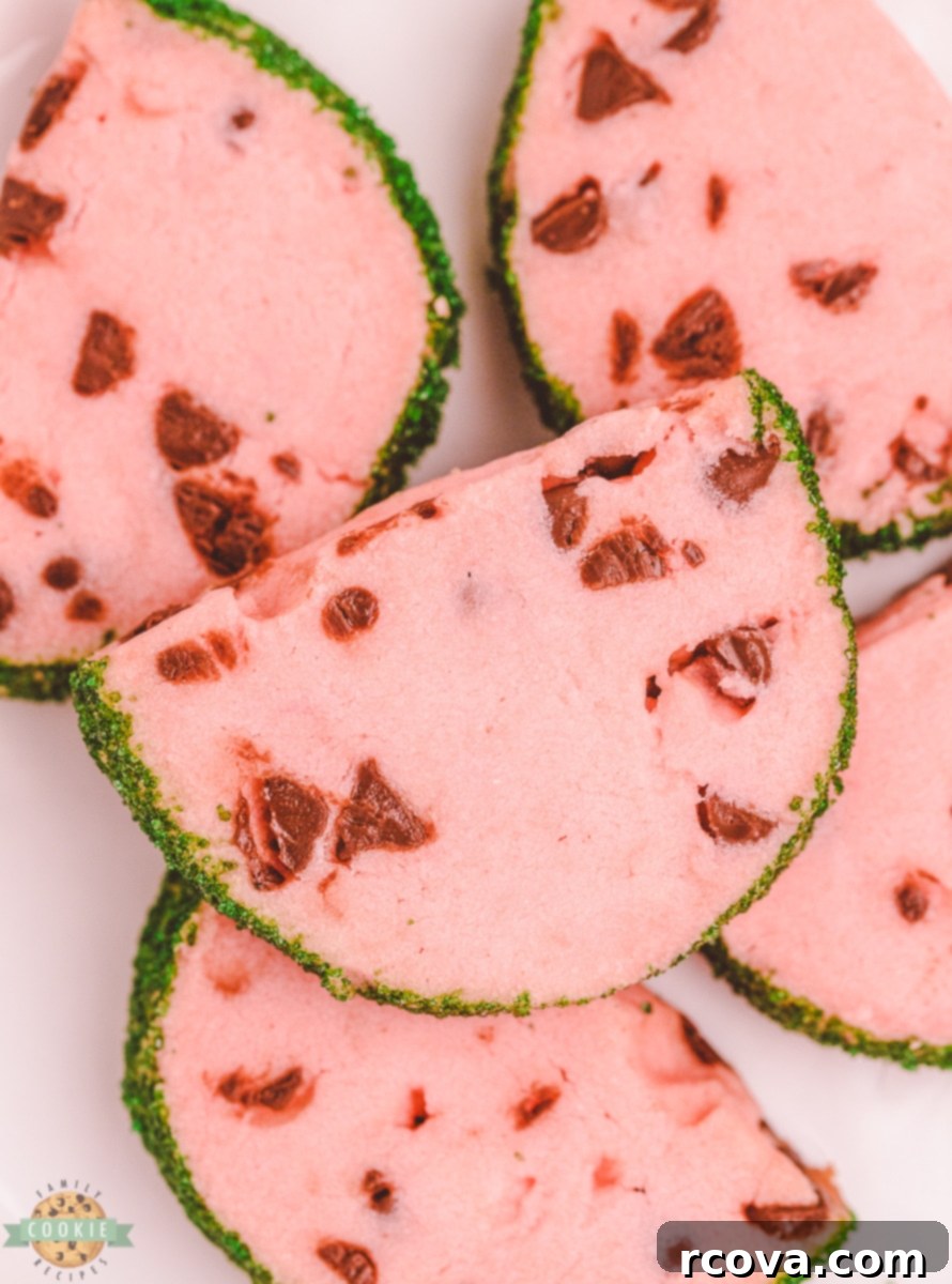 Slice-and-Bake Watermelon Delights 3 watermelon butter cookies with mini chocolate chip seeds and green sprinkle rind