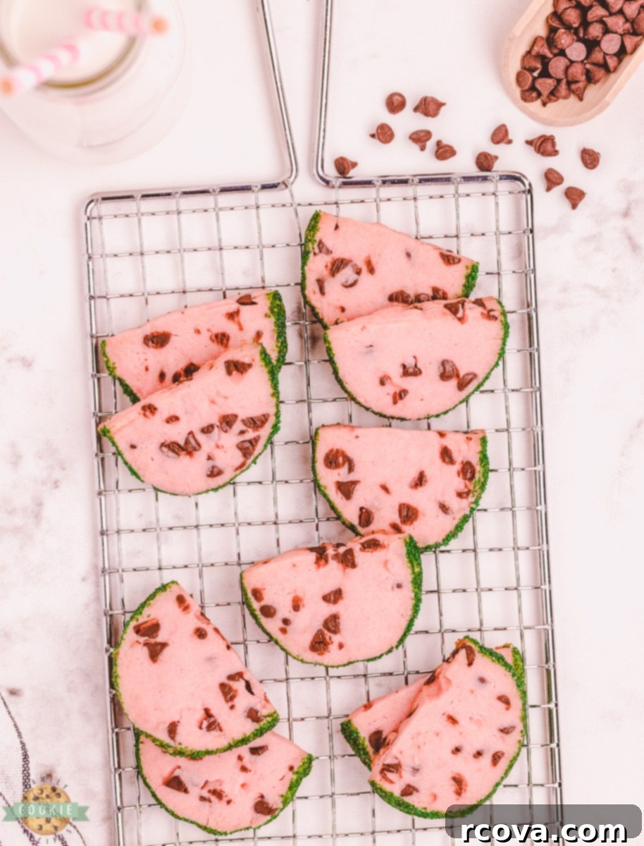 Slice-and-Bake Watermelon Delights 5 slice and bake butter cookies made to look like watermelon slices on a cooling rack