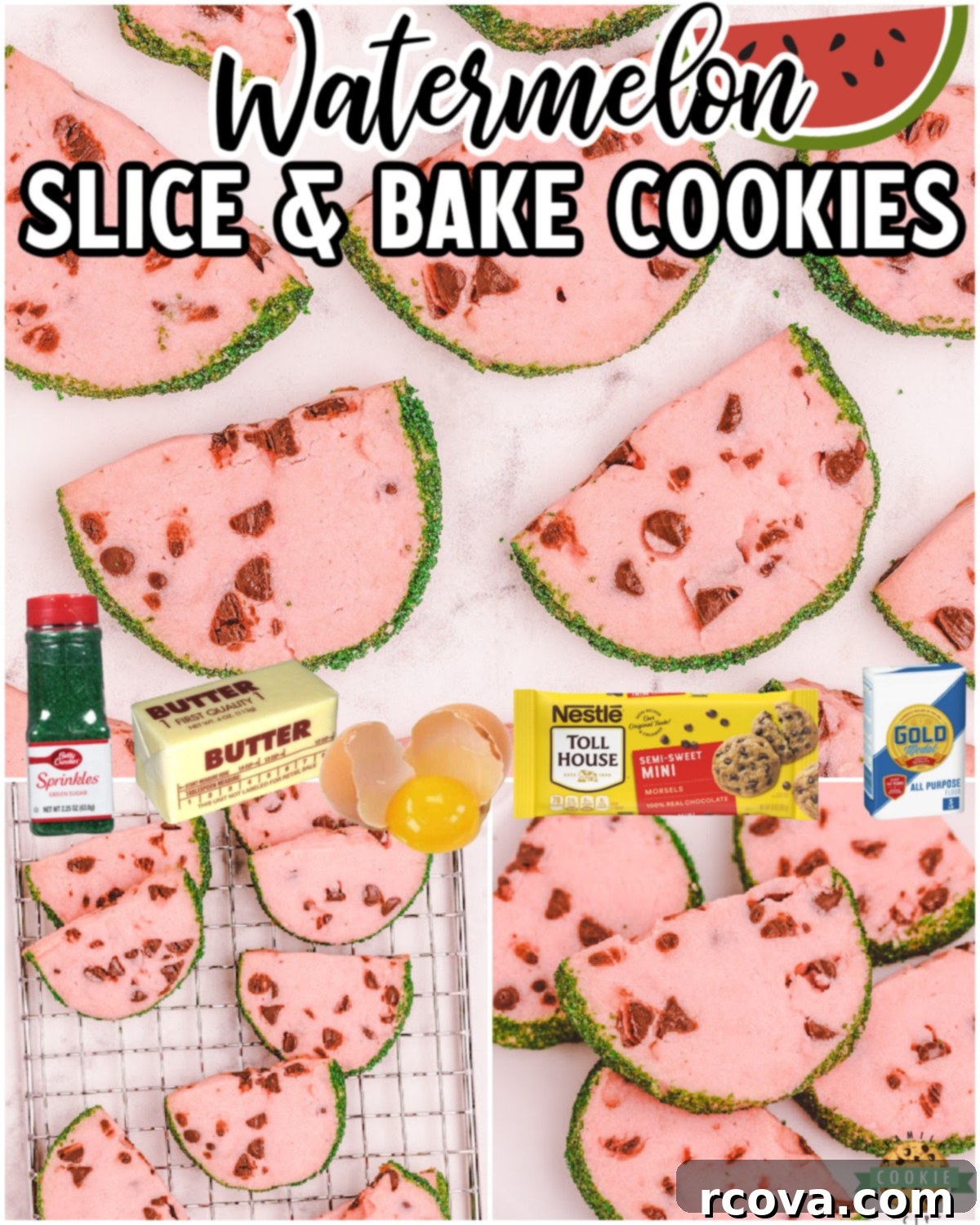 Slice-and-Bake Watermelon Delights 8 Watermelon Slice and Bake Cookies are a tender summer butter cookie that's made to look like slices of watermelon, complete with a green sprinkle rind and mini chocolate chip seeds!