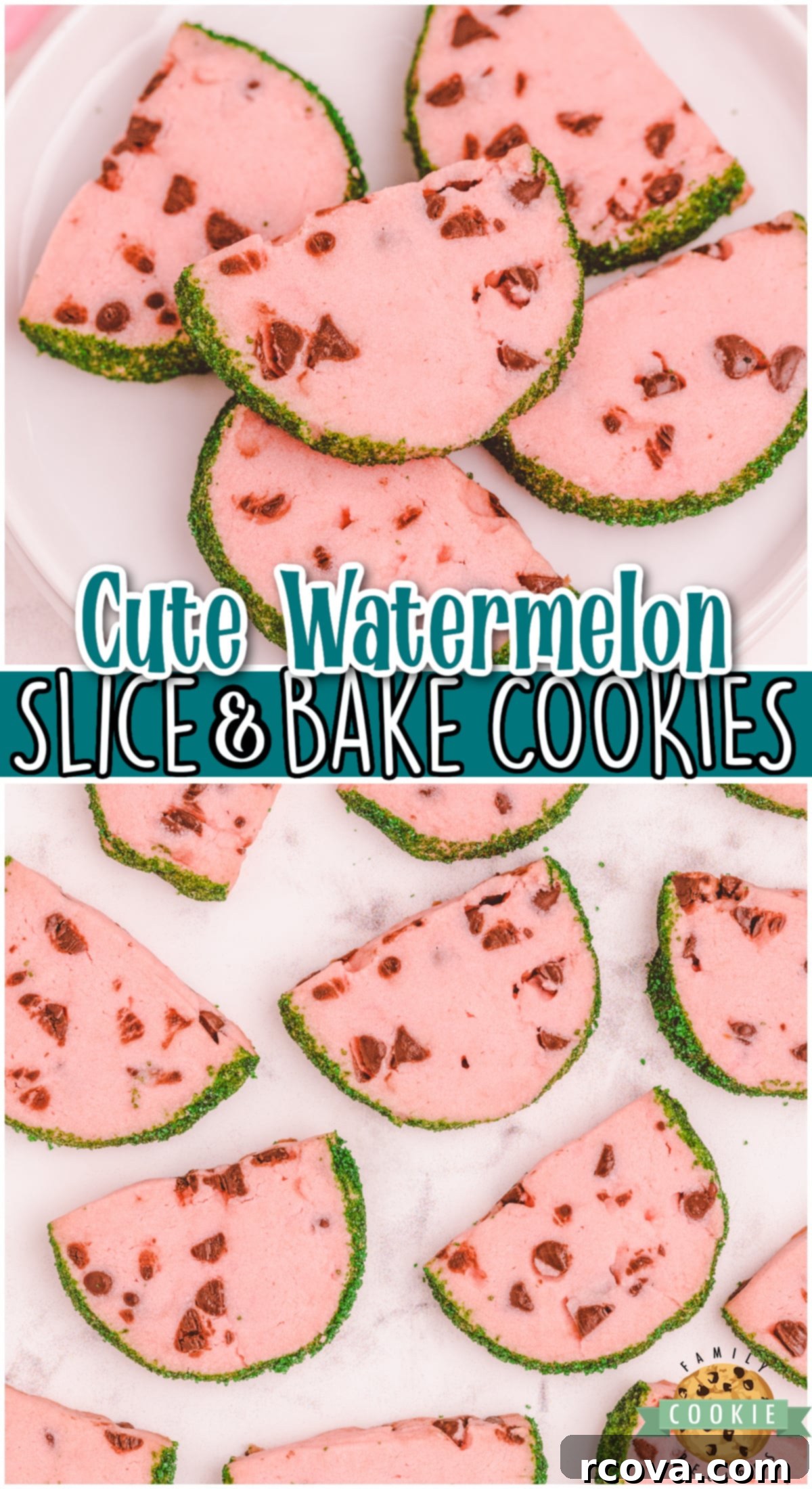 Slice-and-Bake Watermelon Delights 9 Watermelon Slice and Bake Cookies are a tender summer butter cookie that's made to look like slices of watermelon, complete with a green sprinkle rind and mini chocolate chip seeds!