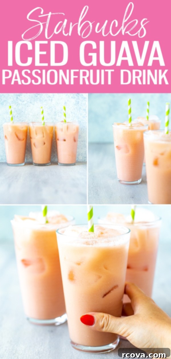 Guava Passionfruit Tropical Refresher 13 This colourful Iced Guava Passionfruit Drink is made with coconut milk, guava nectar, passionfruit, pineapple and ginger - just like the version at Starbucks! #starbucks #icedguavapassionfruitdrink