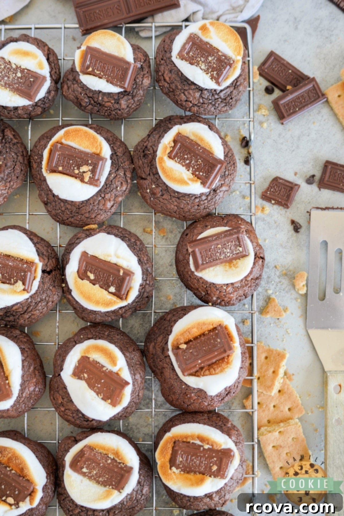 S'mores Brownie Cookies 12 Brownie S'mores Cookies on wire rack.