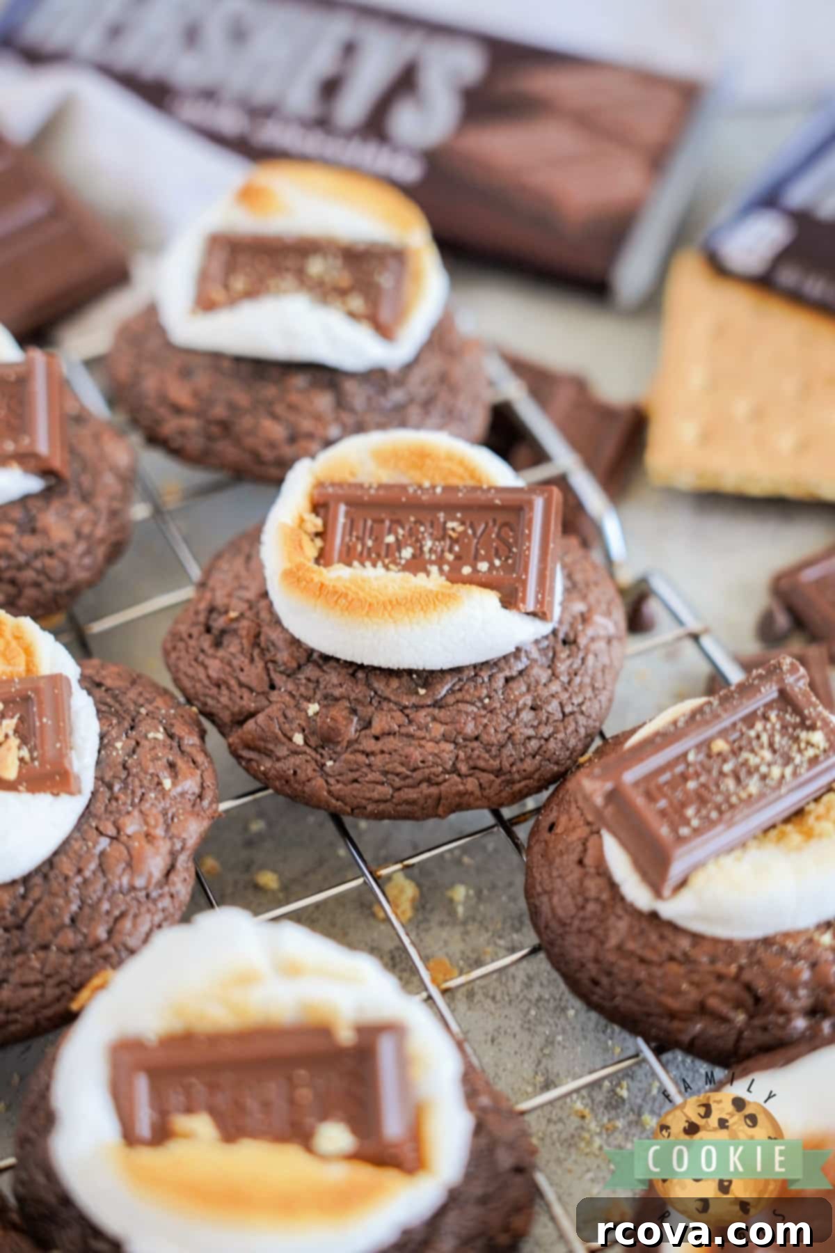 S'mores Brownie Cookies 13 Brownie S'mores Cookies on wire rack.