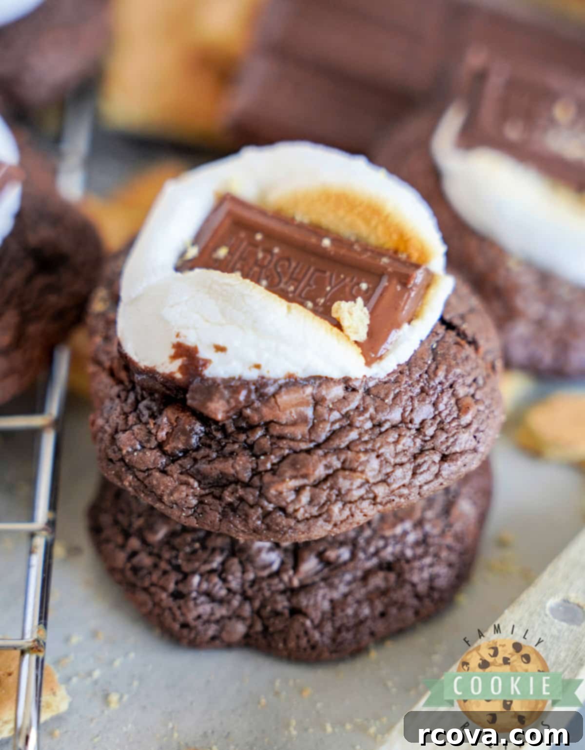 S'mores Brownie Cookies 16 Stack of s'mores cookies made with a brownie mix.