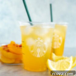 Starbucks Refreshing Iced Peach Green Tea Lemonade 10 Two cups of copycat Starbucks iced peach green tea lemonade.