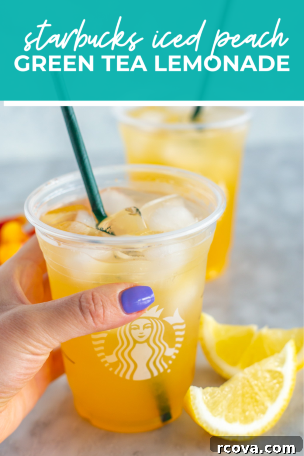 Starbucks Refreshing Iced Peach Green Tea Lemonade 11 overhead shot of plated dish with green banner on the top - reading "starbucks iced peach green tea lemonade"