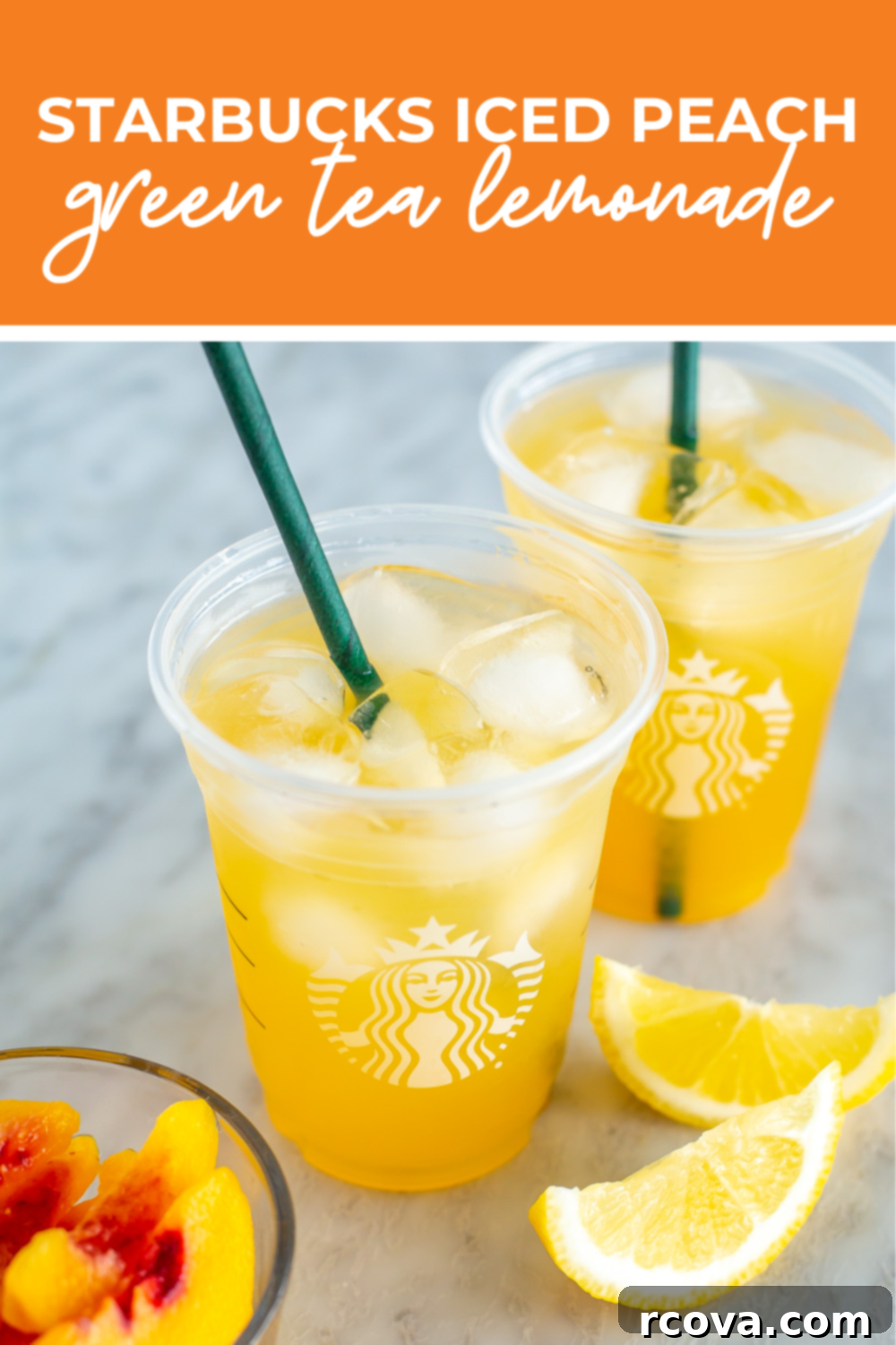 Starbucks Refreshing Iced Peach Green Tea Lemonade 12 overhead shot of plated dish with orange banner on the top - reading "starbucks iced peach green tea lemonade"
