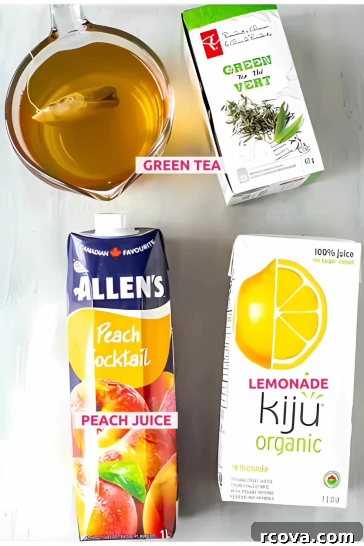 Starbucks Refreshing Iced Peach Green Tea Lemonade 4 Ingredients for starbucks iced peach green tea lemonade including green tea bags, peach juice, and a pitcher of lemonade.
