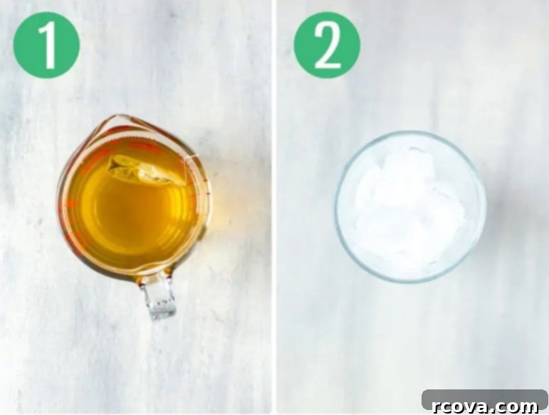 Starbucks Refreshing Iced Peach Green Tea Lemonade 5 Steps 1 and 2 for making Starbucks iced peach green tea lemonade, showing a brewed tea bag and an empty glass with ice.