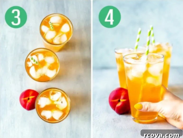 Starbucks Refreshing Iced Peach Green Tea Lemonade 6 Steps 3 and 4 for making Starbucks iced peach green tea lemonade, illustrating mixing ingredients and a finished drink.