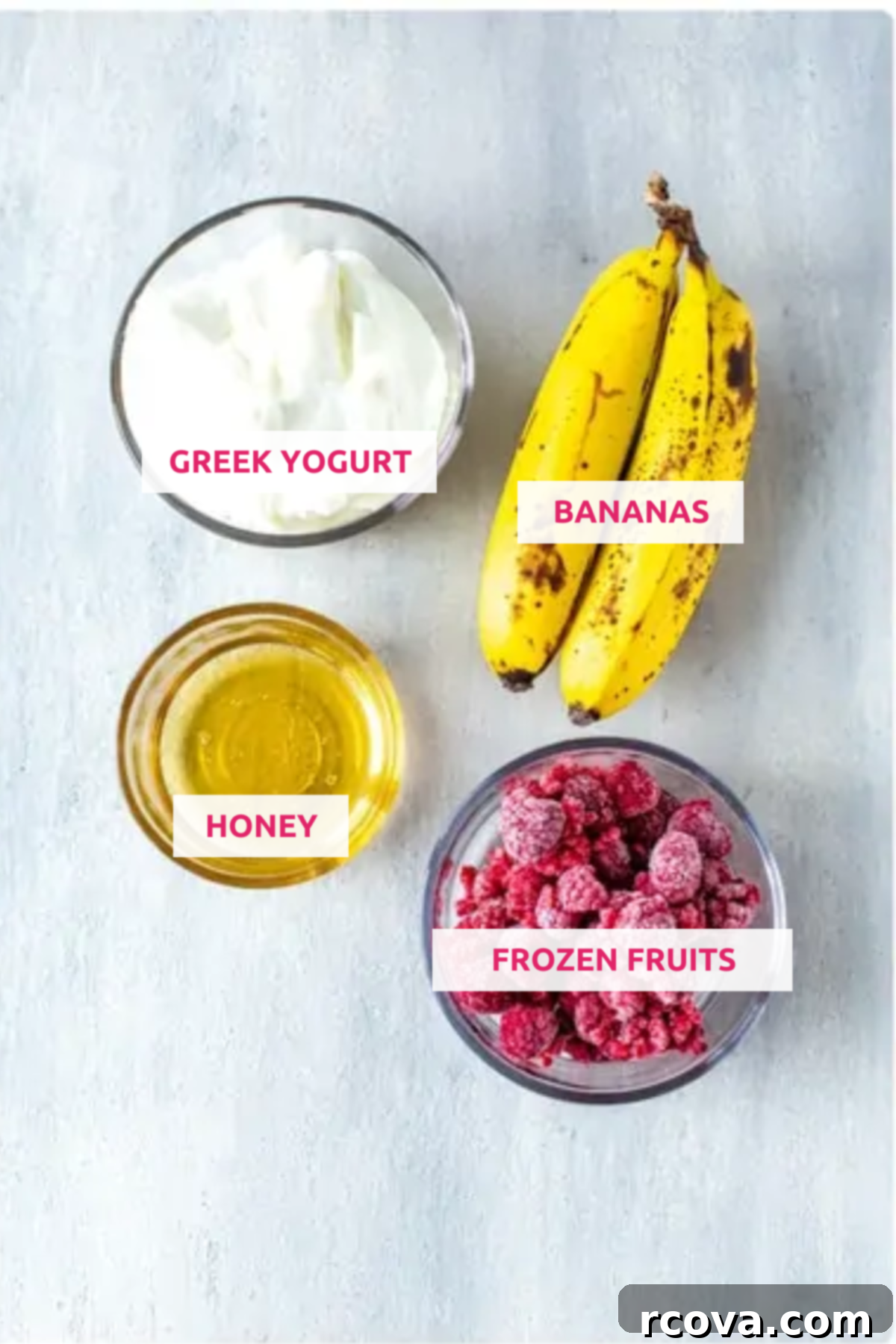 Four Ingredient Homemade Frozen Yogurt 4 Overhead shot of fresh bananas, berries, Greek yogurt, and honey, neatly arranged as ingredients for homemade frozen yogurt.