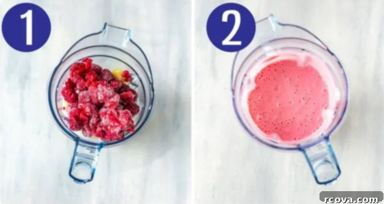 Four Ingredient Homemade Frozen Yogurt 5 Steps 1 and 2: showing ingredients being added to a blender and then blended until smooth for homemade frozen yogurt.