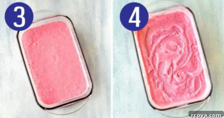 Four Ingredient Homemade Frozen Yogurt 6 Steps 3 and 4: showing the blended frozen yogurt mixture being poured into a glass dish and then frozen for several hours.