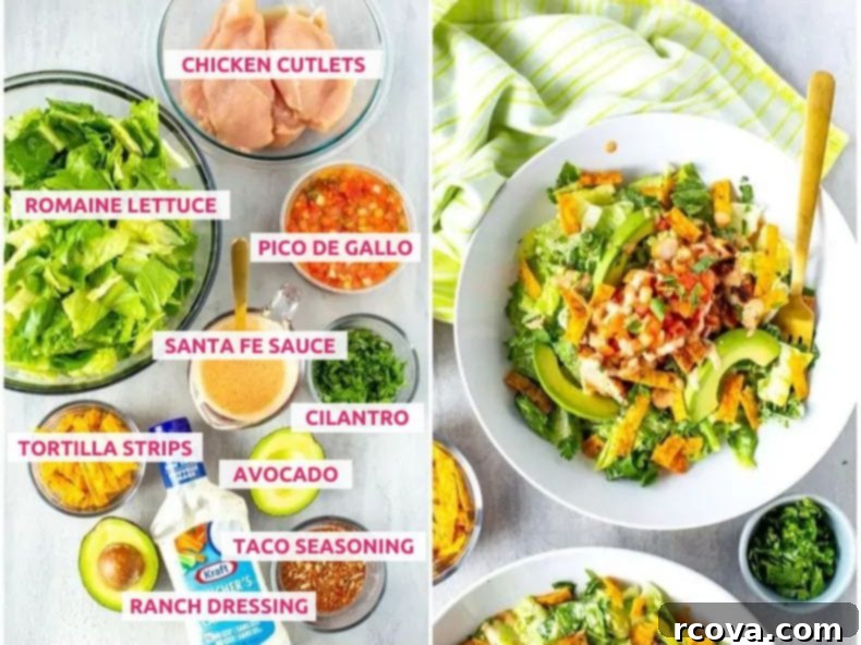 Fiery Mesa Chicken Salad 4 Ingredients for Chili's santa fe chicken salad: chicken cutlets, romaine lettuce, pico de gallo, santa fe sauce, cilantro, tortilla strips, avocado, taco seasoning, ranch dressing