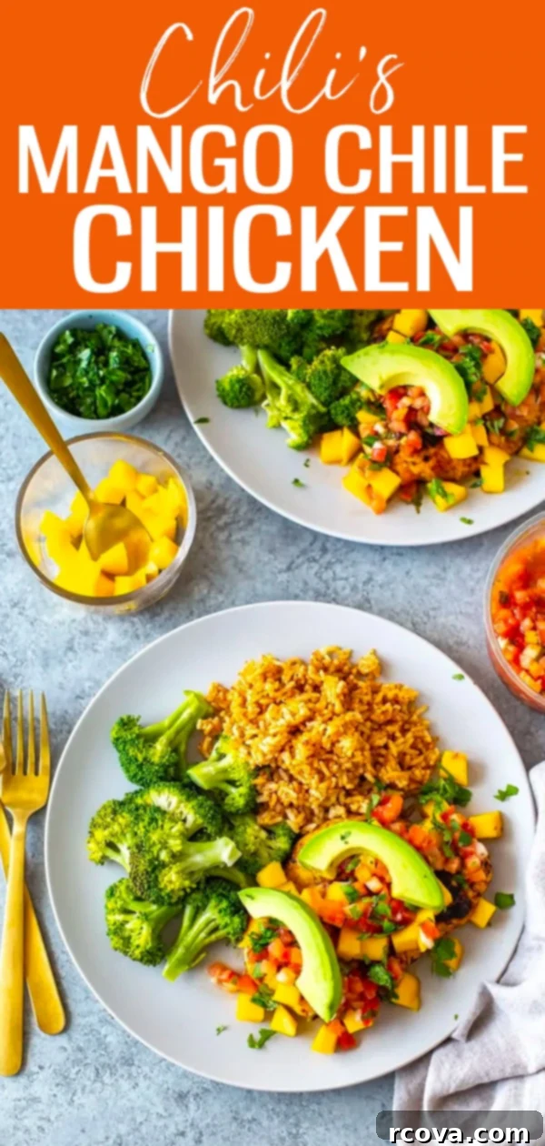 Homemade Chilis Mango Chile Chicken 10 This Mango Chile Chicken is a perfect Chili's copycat. It's loaded with chile spices, mango glaze & topped with diced mango, cilantro, pico and avocado. #mangochilechicken #chilis