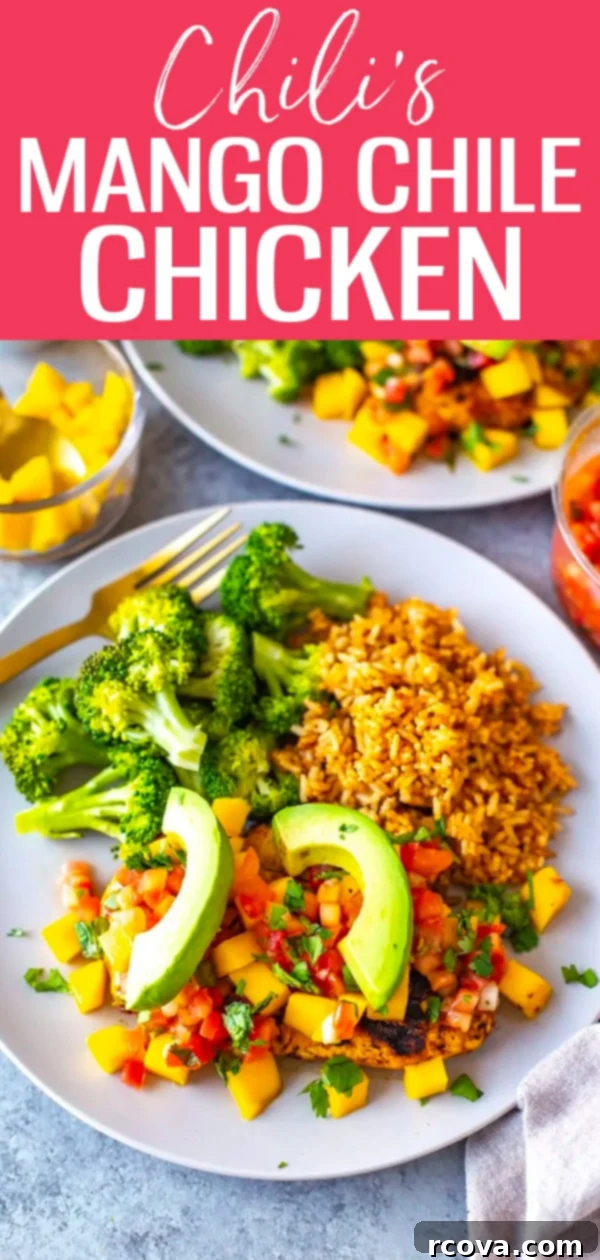 Homemade Chilis Mango Chile Chicken 11 This Mango Chile Chicken is a perfect Chili's copycat. It's loaded with chile spices, mango glaze & topped with diced mango, cilantro, pico and avocado. #mangochilechicken #chilis