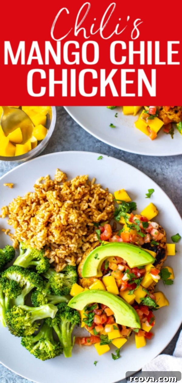 Homemade Chilis Mango Chile Chicken 12 This Mango Chile Chicken is a perfect Chili's copycat. It's loaded with chile spices, mango glaze & topped with diced mango, cilantro, pico and avocado. #mangochilechicken #chilis