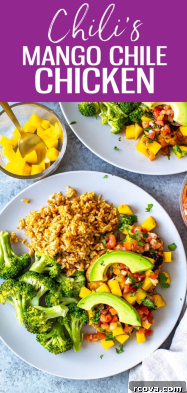 Homemade Chilis Mango Chile Chicken 13 This Mango Chile Chicken is a perfect Chili's copycat. It's loaded with chile spices, mango glaze & topped with diced mango, cilantro, pico and avocado. #mangochilechicken #chilis