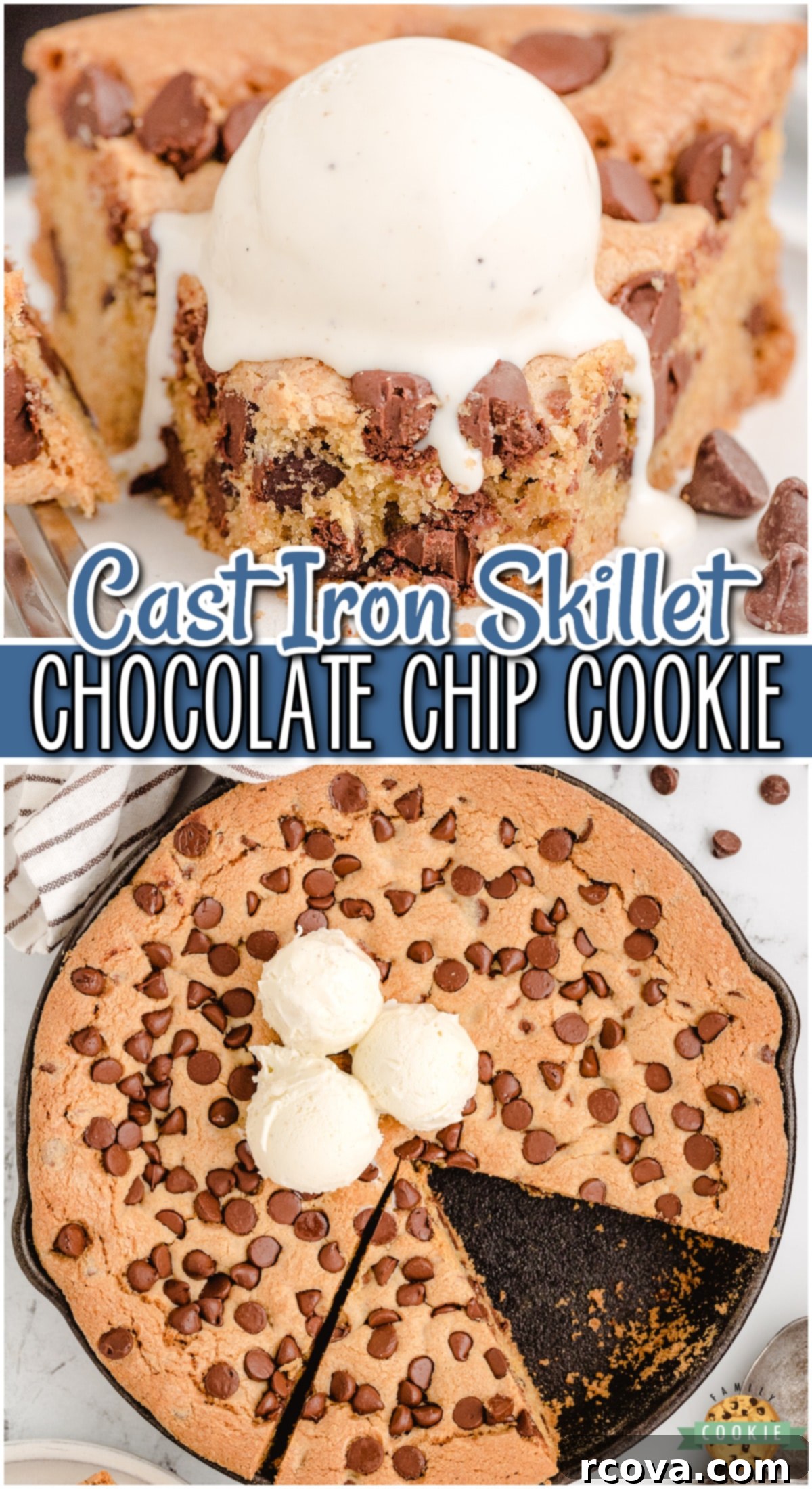 Cast Iron Cookie Indulgence 12 Cast Iron Skillet Cookie made by baking chocolate chip cookie dough in a skillet then topping it with vanilla ice cream. Easy skillet cookie recipe for cookie lovers!