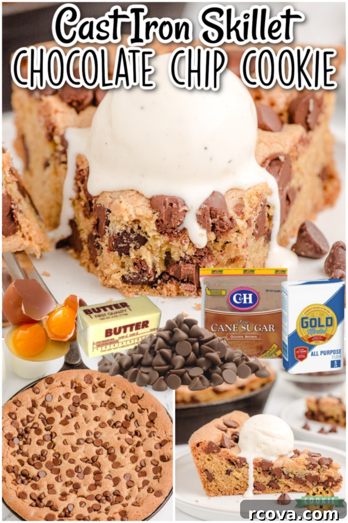 Cast Iron Cookie Indulgence 8 Cast Iron Skillet Cookie made by baking chocolate chip cookie dough in a skillet then topping it with vanilla ice cream. Easy skillet cookie recipe for cookie lovers!