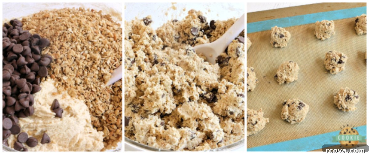 Crunchy Granola Chocolate Delights 4 Step-by-step imagery demonstrating how to make Granola Chocolate Chip Cookies, from mixing to scooping dough onto a baking sheet.