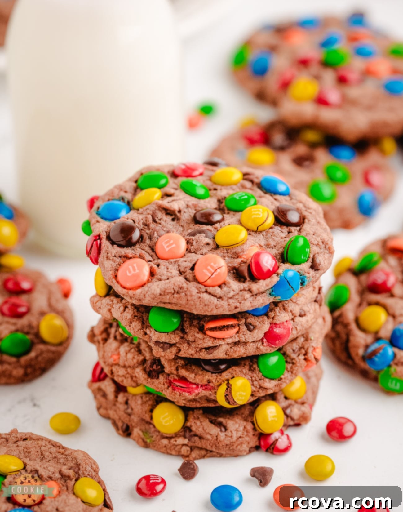 Chewy Chocolate M&M Pudding Cookies 3 stack of chocolate cookies made with chocolate pudding and M&M candies