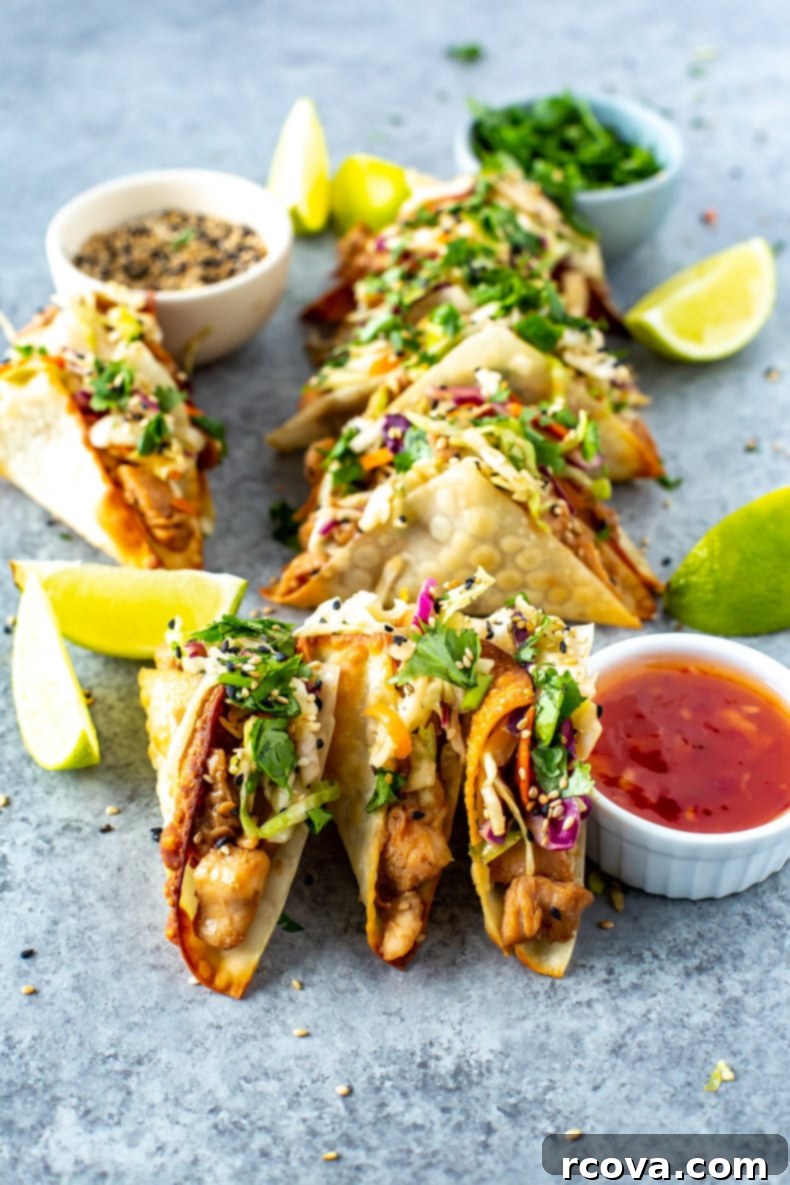 Applebee's Crispy Chicken Wonton Tacos 2 Applebee's Chicken Wonton Tacos - Overhead shot showcasing the crispy wonton shells filled with chicken and slaw.