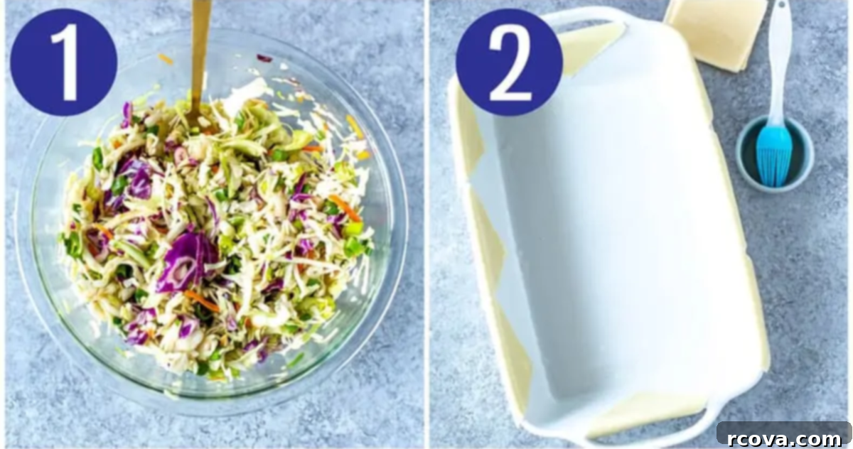 Applebee's Crispy Chicken Wonton Tacos 5 Steps 1 and 2: Images showing how to prepare the coleslaw mix and drape wonton wrappers over a baking dish.