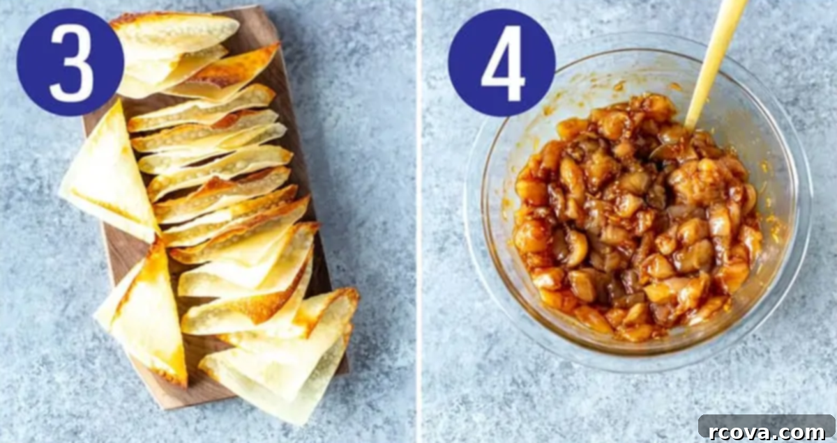 Applebee's Crispy Chicken Wonton Tacos 6 Steps 3 and 4: Images showing baked wonton shells and diced chicken marinating in sauce.