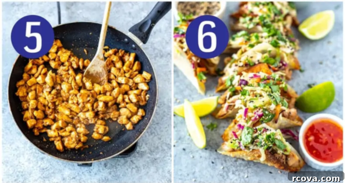 Applebee's Crispy Chicken Wonton Tacos 7 Steps 5 and 6: Images showing cooked chicken in a skillet and assembled chicken wonton tacos.