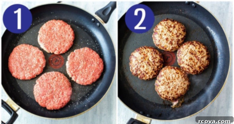 Copycat Chili's Santa Fe Burger 5 Collage showing two steps: 1. Overhead shot of raw ground beef patties in a frying pan. 2. Overhead shot of cooked ground beef patties in a frying pan