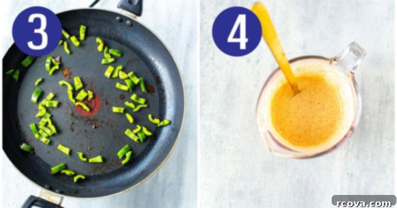 Copycat Chili's Santa Fe Burger 6 Collage showing two steps: 3. Overhead shot of sautéed green peppers in a frying pan. 4. Overhead shot of Santa Fe sauce in a measuring cup.