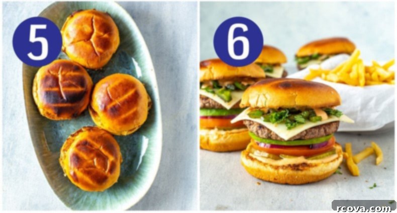 Copycat Chili's Santa Fe Burger 7 Collage showing two steps: 5. Overhead shot of toasted brioche buns. 6. Close-up of assembled Santa Fe burgers with fries.