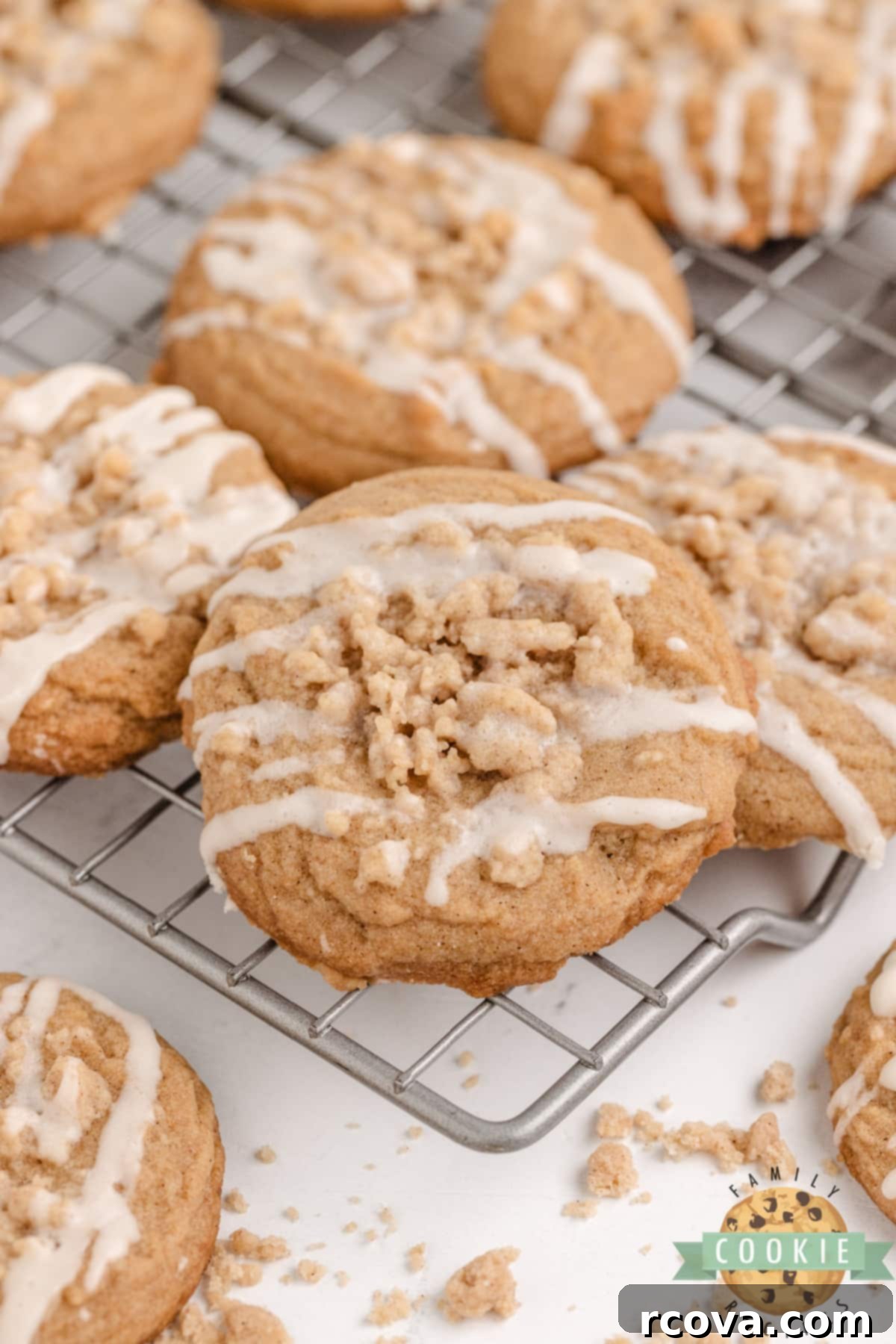Cinnamon Streusel Cookies 16 Plate of Coffee Cake Cookies, soft, chewy, with crumb topping and vanilla icing.