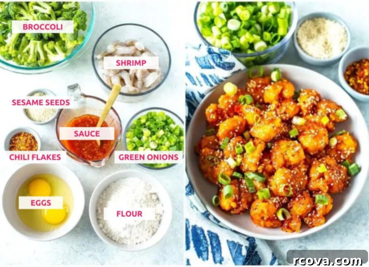 Blazing Firecracker Shrimp 4 A flat lay image showing all the fresh ingredients needed for firecracker shrimp: raw shrimp, fresh broccoli, green onions, chili flakes, sesame seeds, eggs, flour, and a bowl of the prepared firecracker sauce.