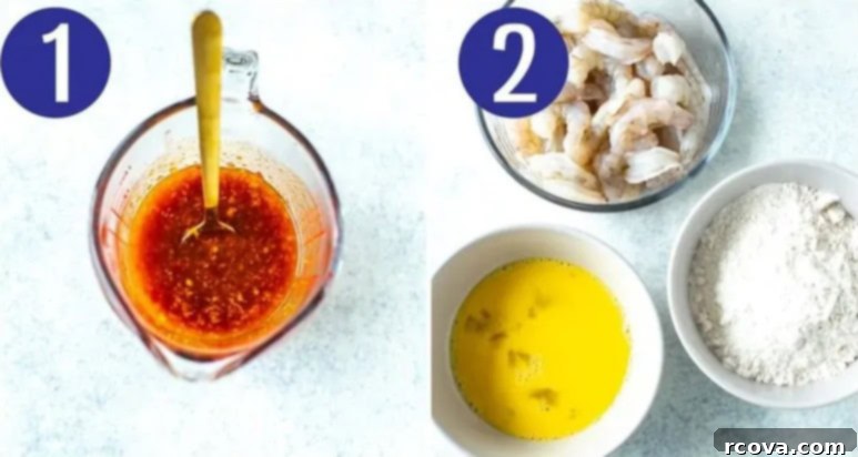 Blazing Firecracker Shrimp 5 Two collage images illustrating steps 1 and 2 of firecracker shrimp preparation: mixing the sauce ingredients and breading the shrimp.