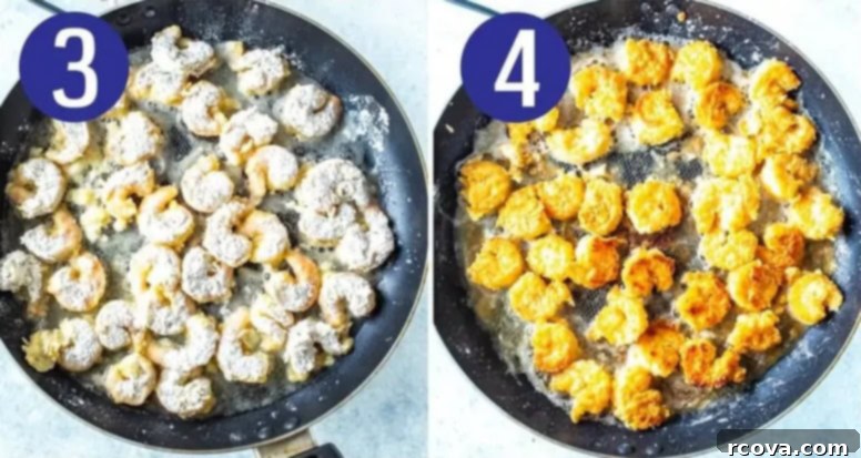 Blazing Firecracker Shrimp 6 Two collage images showing steps 3 and 4 for making firecracker shrimp: adding breaded shrimp to a hot skillet and frying until golden brown.