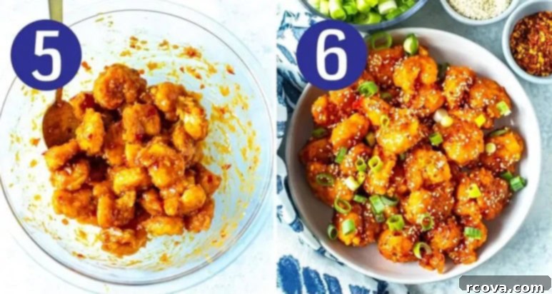 Blazing Firecracker Shrimp 7 Two collage images depicting steps 5 and 6 of firecracker shrimp recipe: tossing the cooked shrimp in sauce and garnishing for serving.