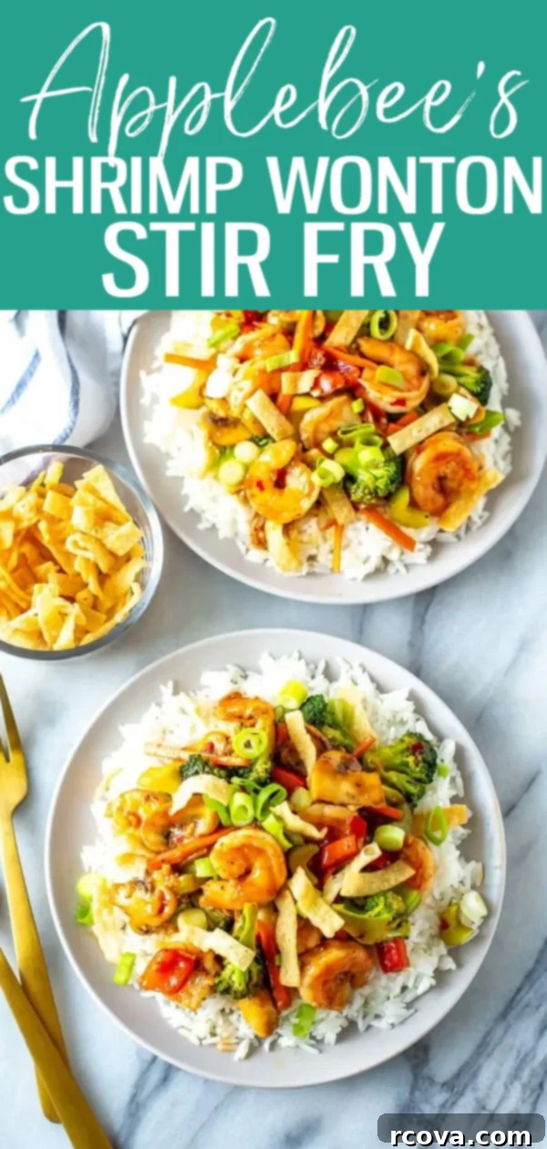 Crispy Wonton Shrimp Stir Fry 10 This Shrimp Wonton Stir Fry is an Applebee's copycat tossed in a sweet and spicy sauce, served over rice and topped with wonton strips. Enjoy this healthier homemade version! #applebees #shrimpwontonstirfry #copycatrecipe