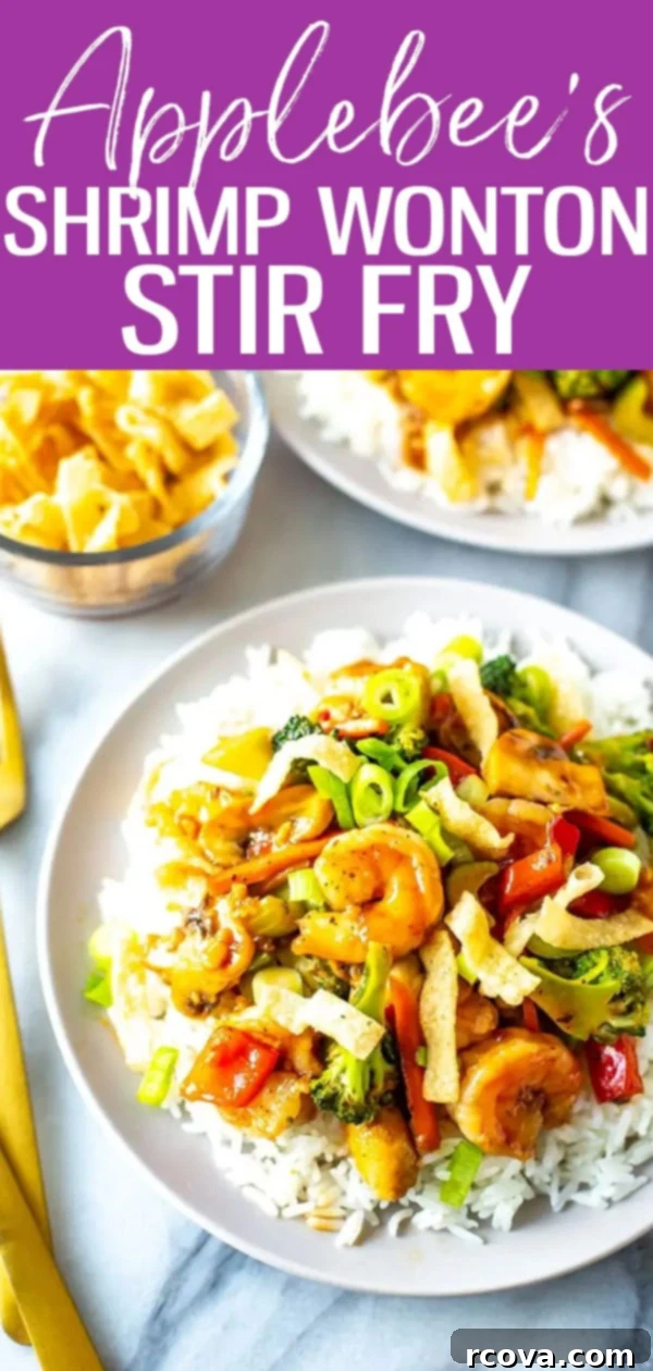 Crispy Wonton Shrimp Stir Fry 11 Homemade Applebee's Shrimp Wonton Stir Fry: a sweet and spicy delight over rice, garnished with crispy wonton strips. Perfect for a quick, healthy dinner! #stirfry #shrimprecipe #easydinner