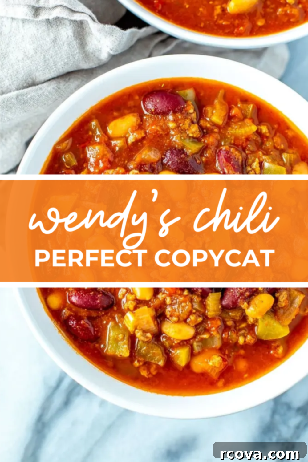 Unlock Wendy's Chili Secret 12 overhead shot of bowl of wendy's chili perfect copycat, orange banner with white writing