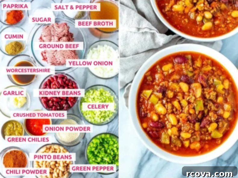 Unlock Wendy's Chili Secret 4 A flat lay of all the fresh and canned ingredients needed for making Wendy's Chili, neatly arranged on a counter.