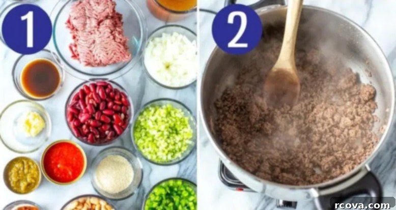 Unlock Wendy's Chili Secret 5 Two images showing the initial steps of making Wendy's chili: assembling ingredients and browning ground beef in a pot.